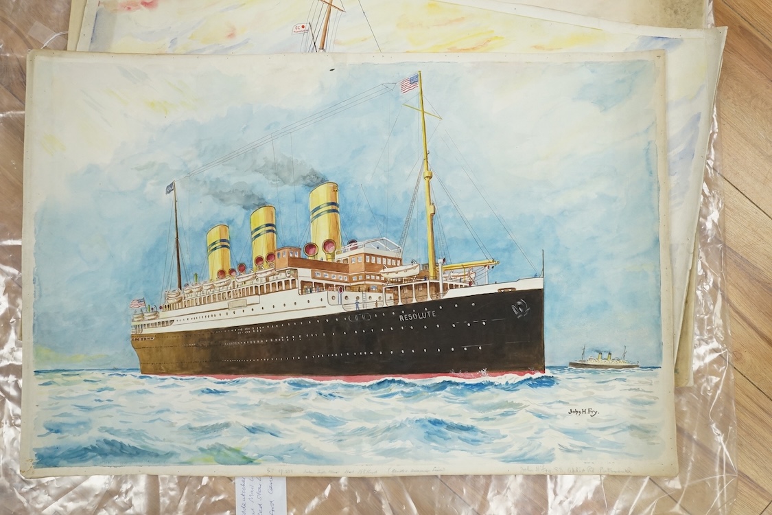 John Harold Fry (British, 1881-1941), set of eight original watercolours for postcard designs, ocean liners to include SS Resolute Hamburg American Line, SS Bremen Norddeutscher Lloyd Line and SS Atlantis Royal Mail Line